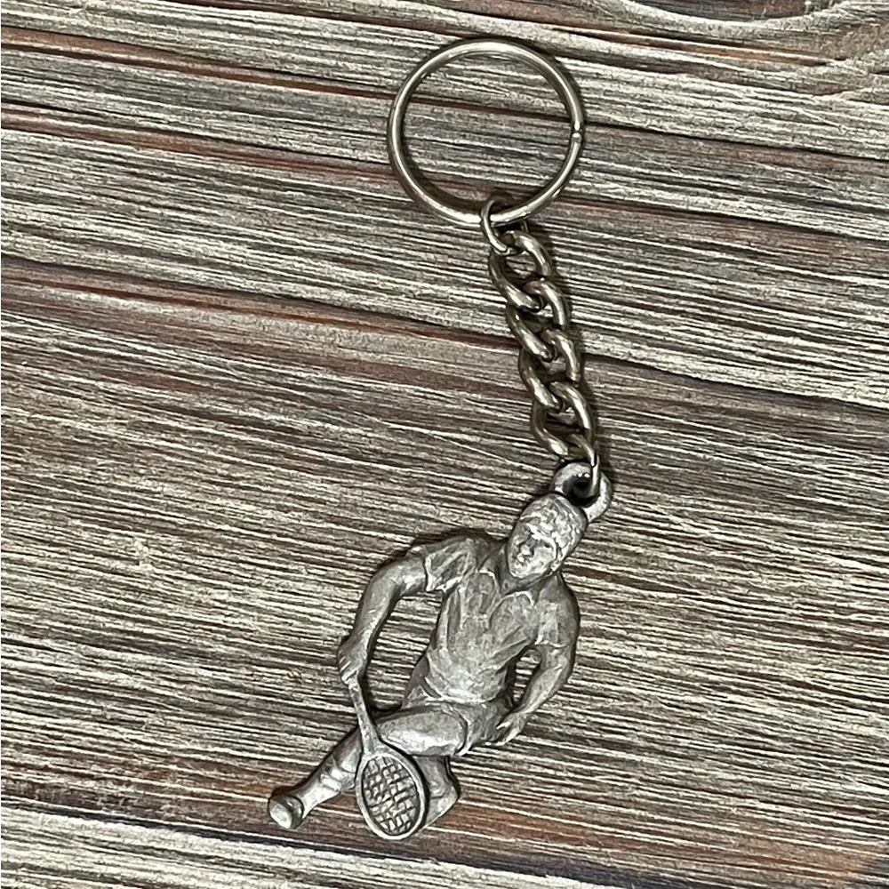 Vintage 80s Radcliffe Pewter 1983 Tennis Player Keychain I Love Tennis P. Davis